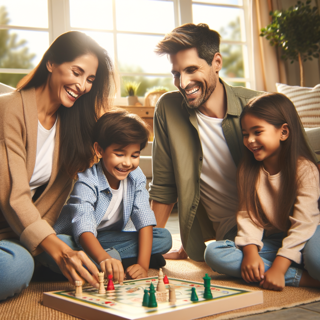 Familia com Pai Mae e dois filhos pequenos em sua sala de casa jogando xadrez